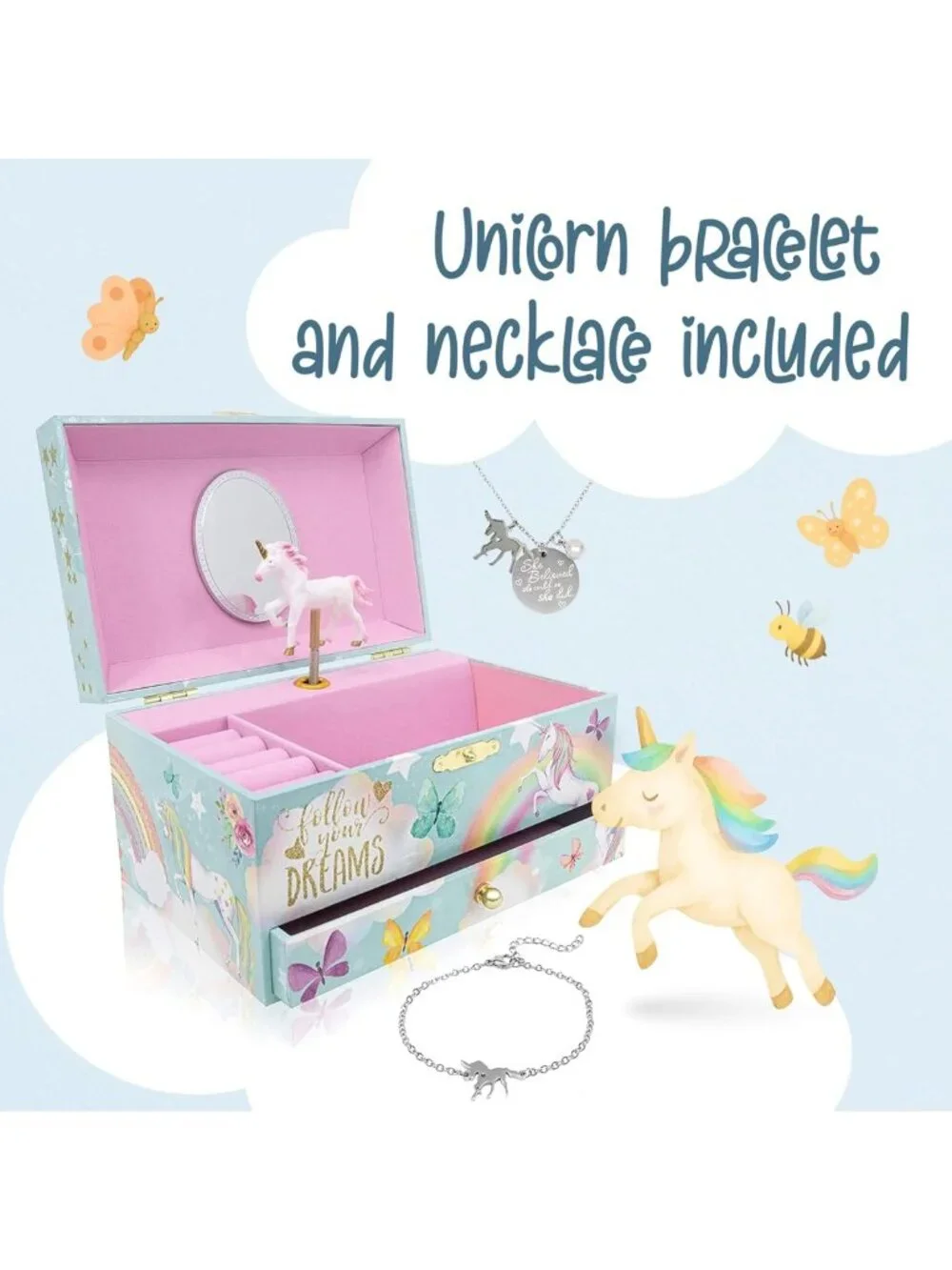 Unicorn Musical Jewelry Box for Kids - Classic Melody, Storage Organizer, MDF